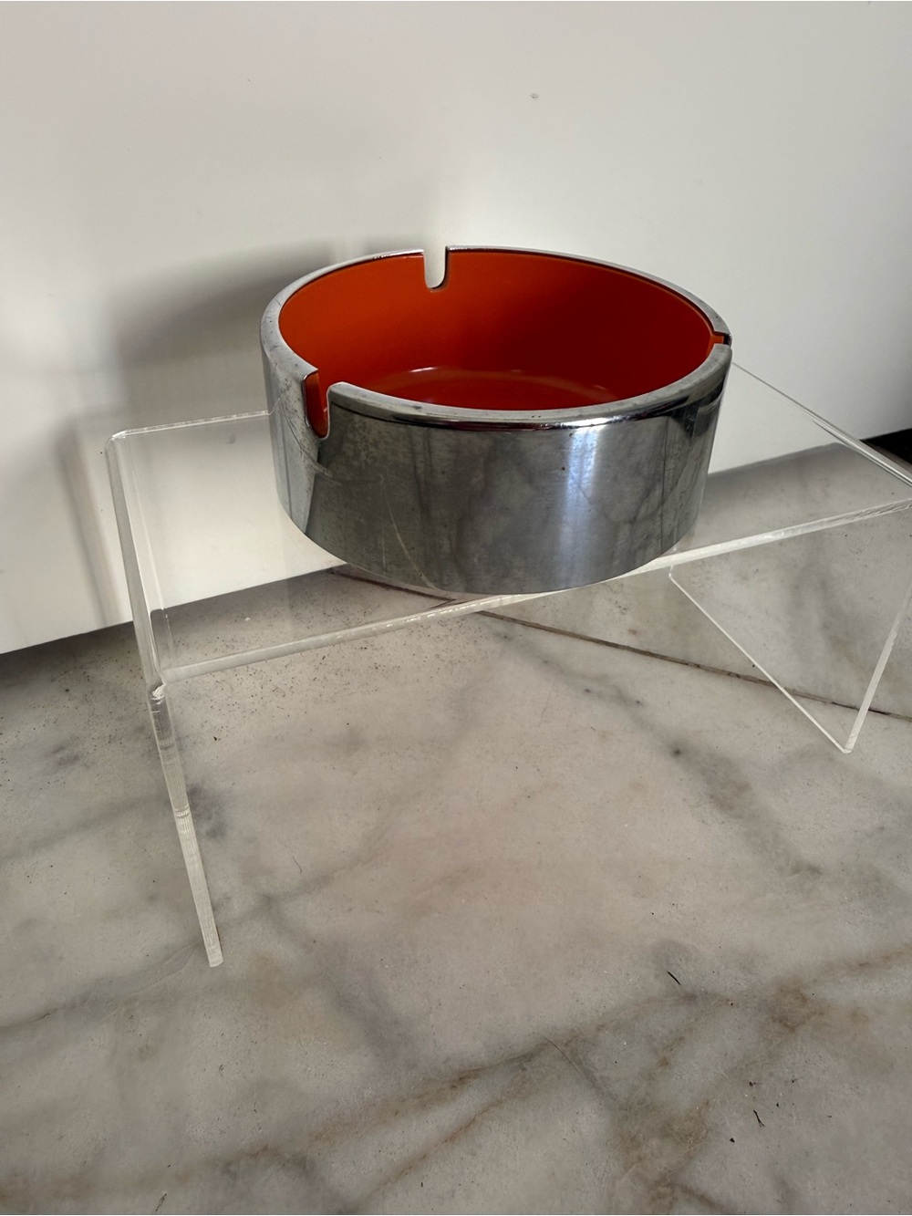 Isamu Kenmuchi Japan 1960s Chrome & Orange Ashtray: Mid-Century Modern Design